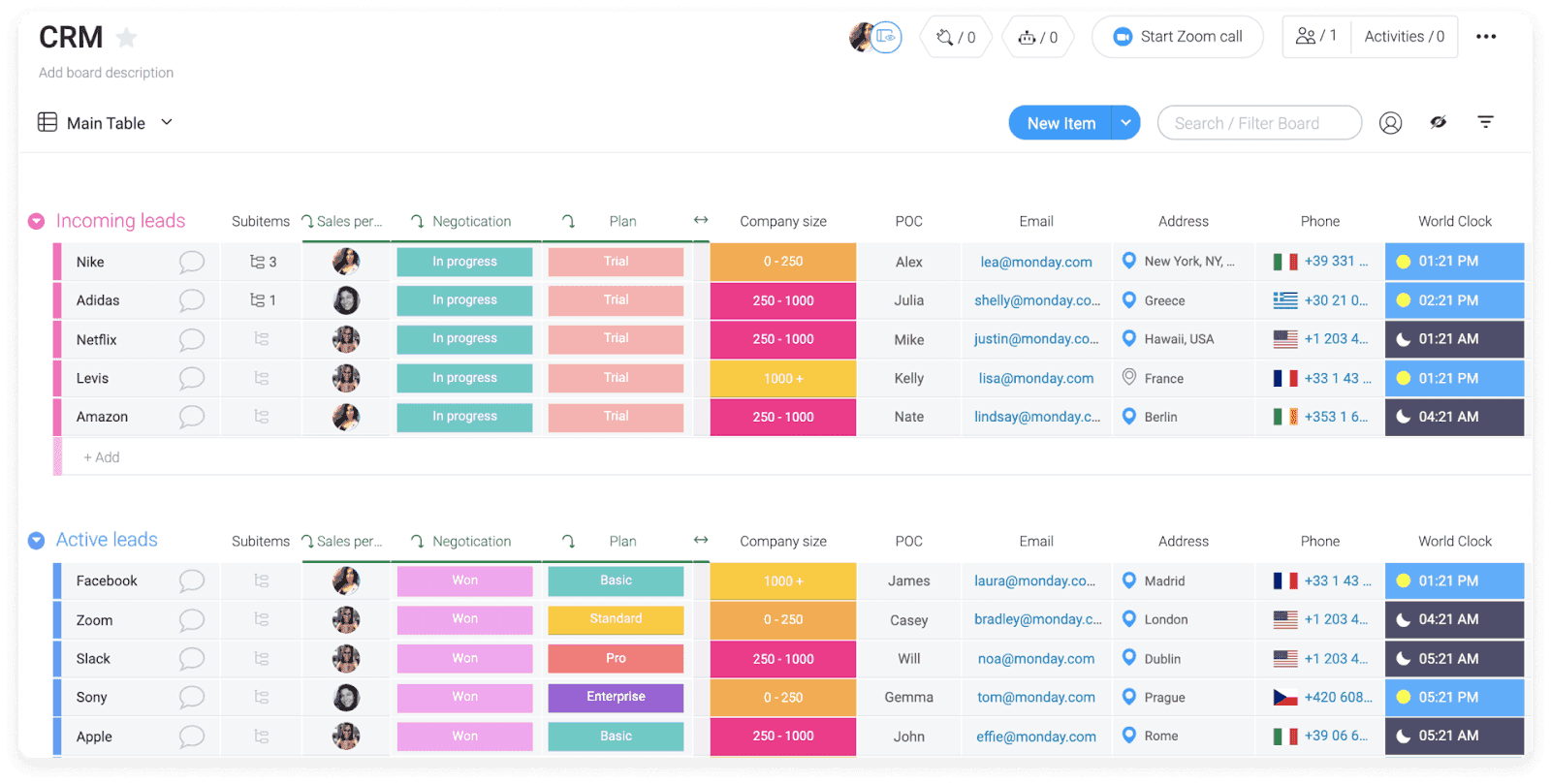 Monday’s interface showing a CRM table with a variety of fields to record client info / Image source: Monday.com