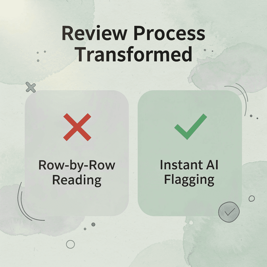 Before and after infographic showing manual row review versus AI-powered instant analysis