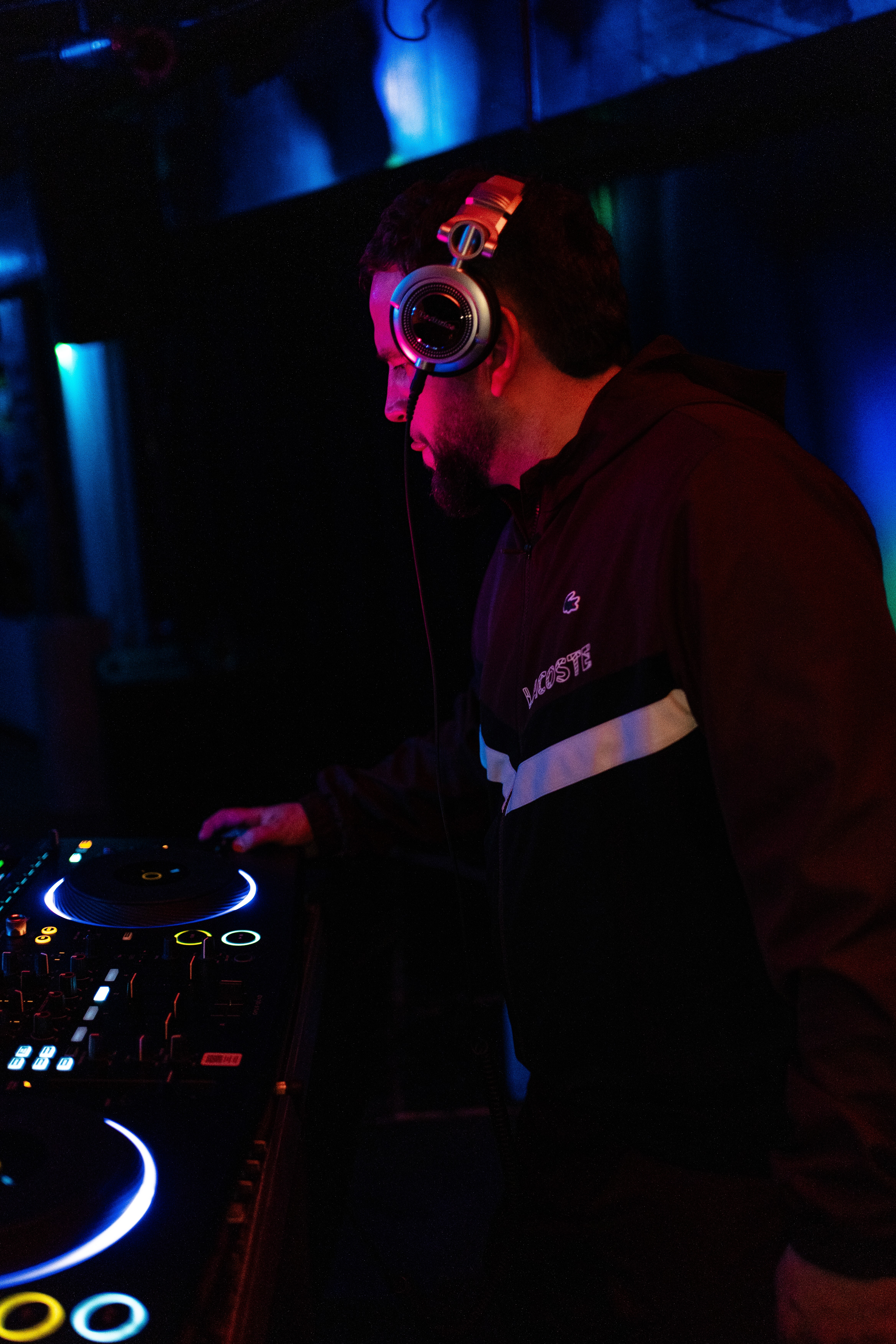 Surreal portrait of man with kaleidoscope effect and neon lighting