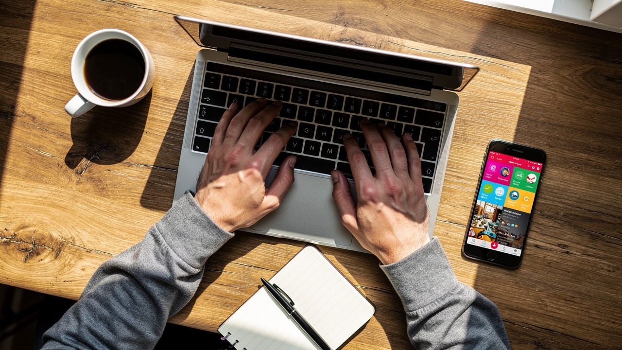 Person working on laptop and smartphone for multi-device tracking
