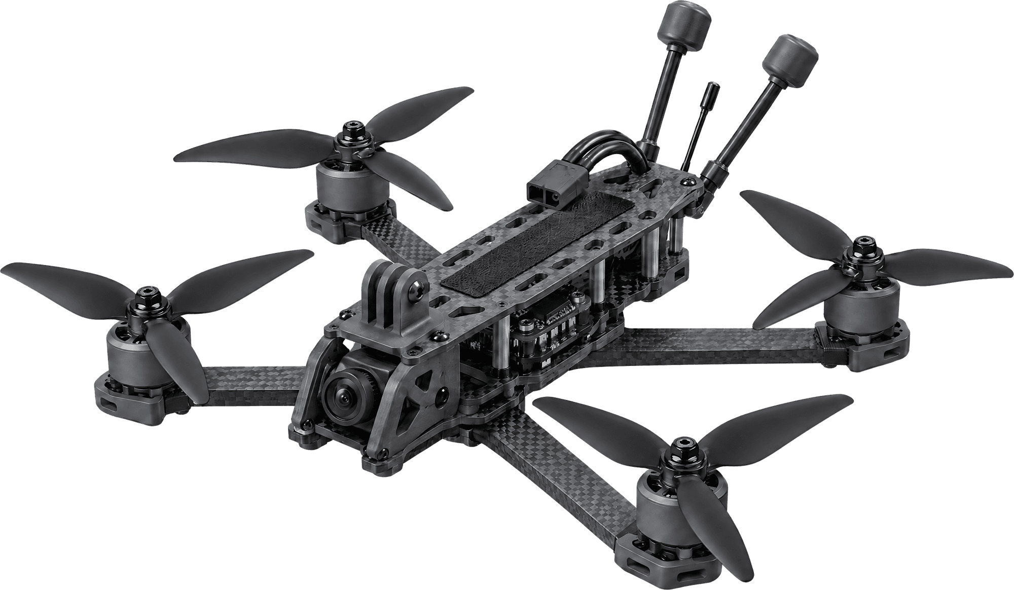 First-person view (FPV) drone with a carbon-fibre frame, a front camera and four rotors