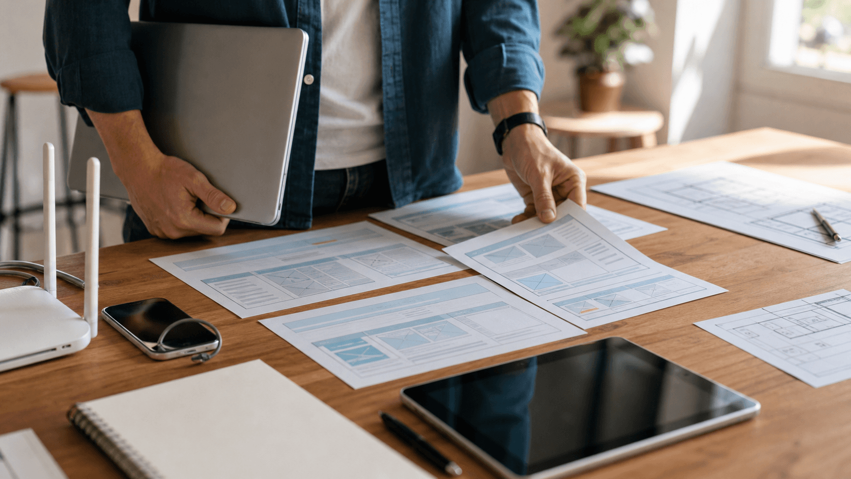Personne en bureau préparant des maquettes papier pour comment créer un site web startup