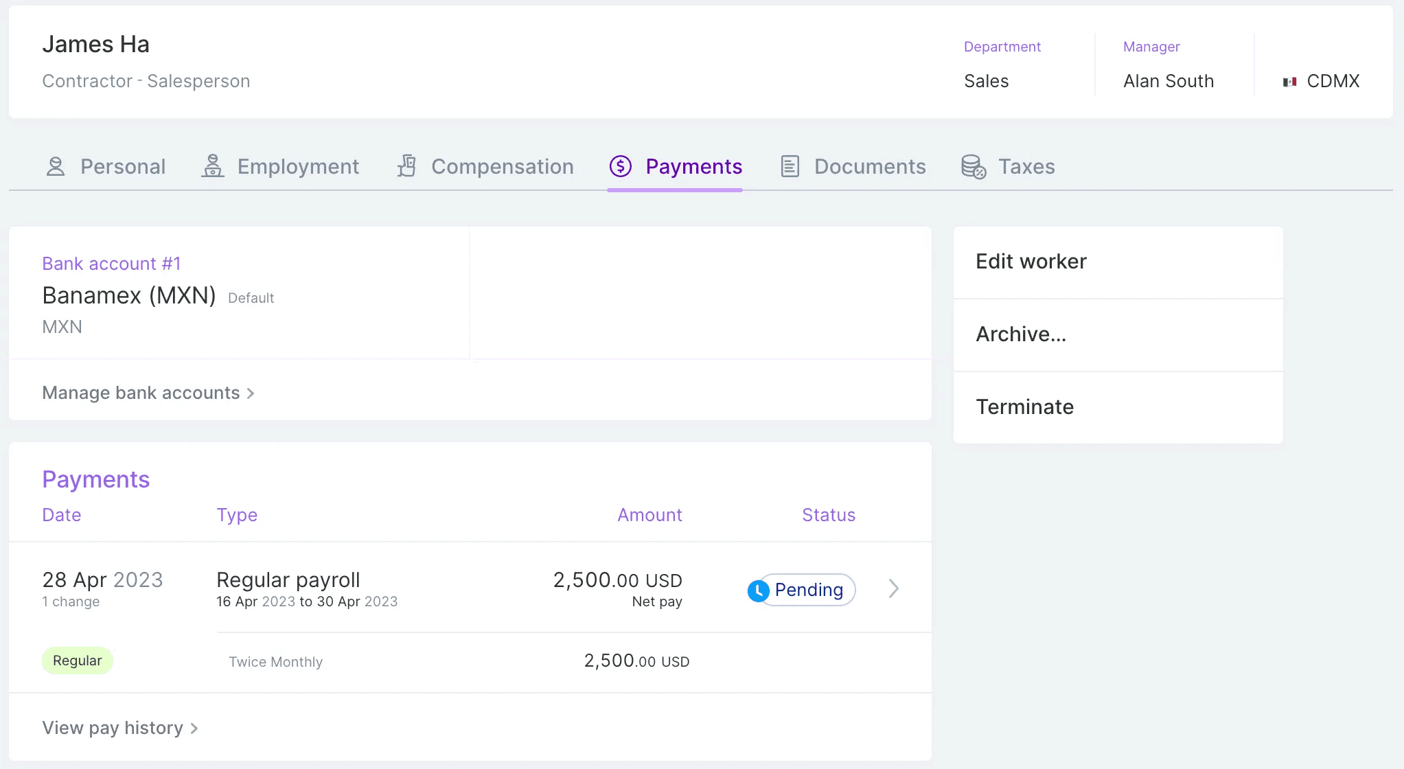A screenshot showing the Payments tab for the contractor James Ha.