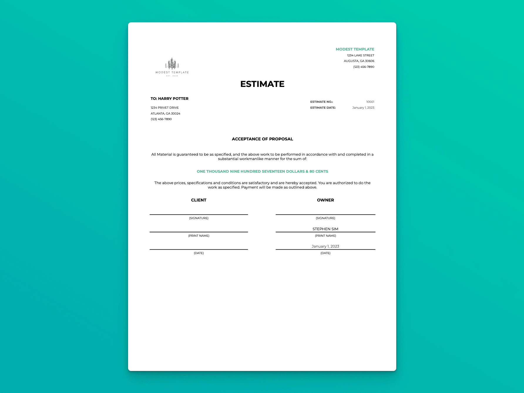 Term Sheet template outlining project acceptance, client and owner signatures, and payment agreement details.