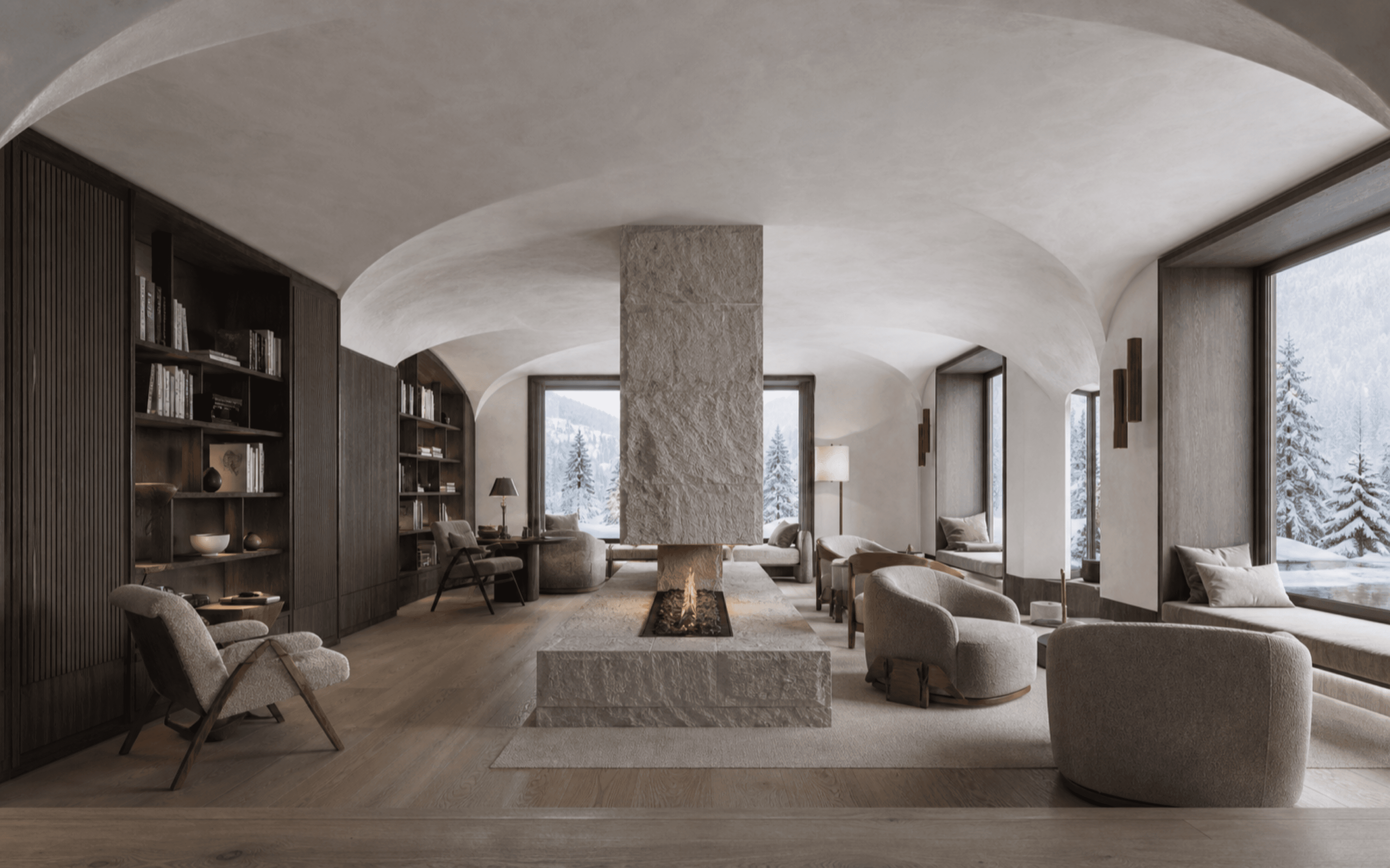 Hotel Aster Megève, mineral room organised around a hearth