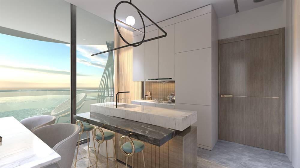 Modern living area with white decor and a large TV, reflecting the design aesthetic of Samana Santorini.