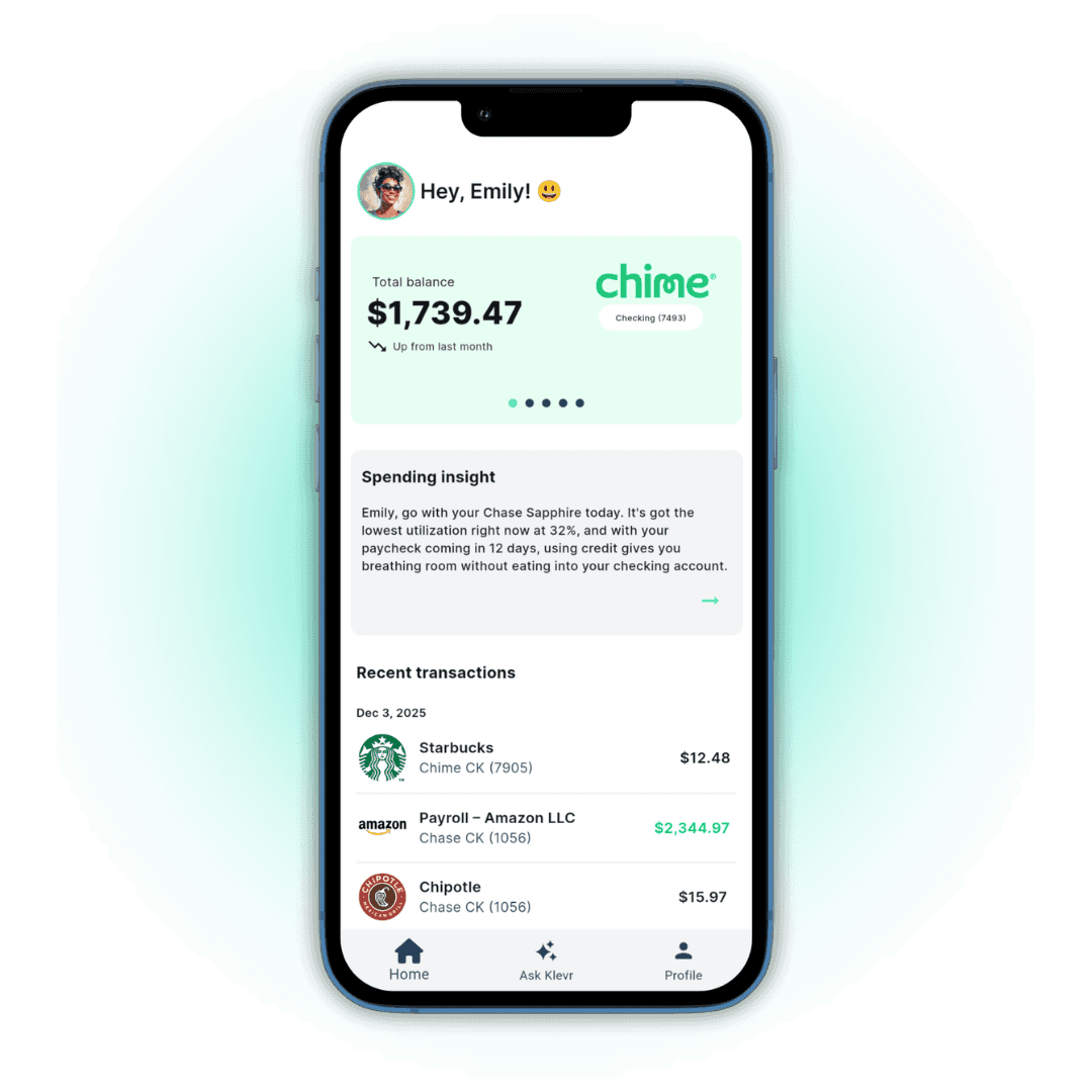 KlevrPay mobile app showing account overview, spending insights, and recent transactions.