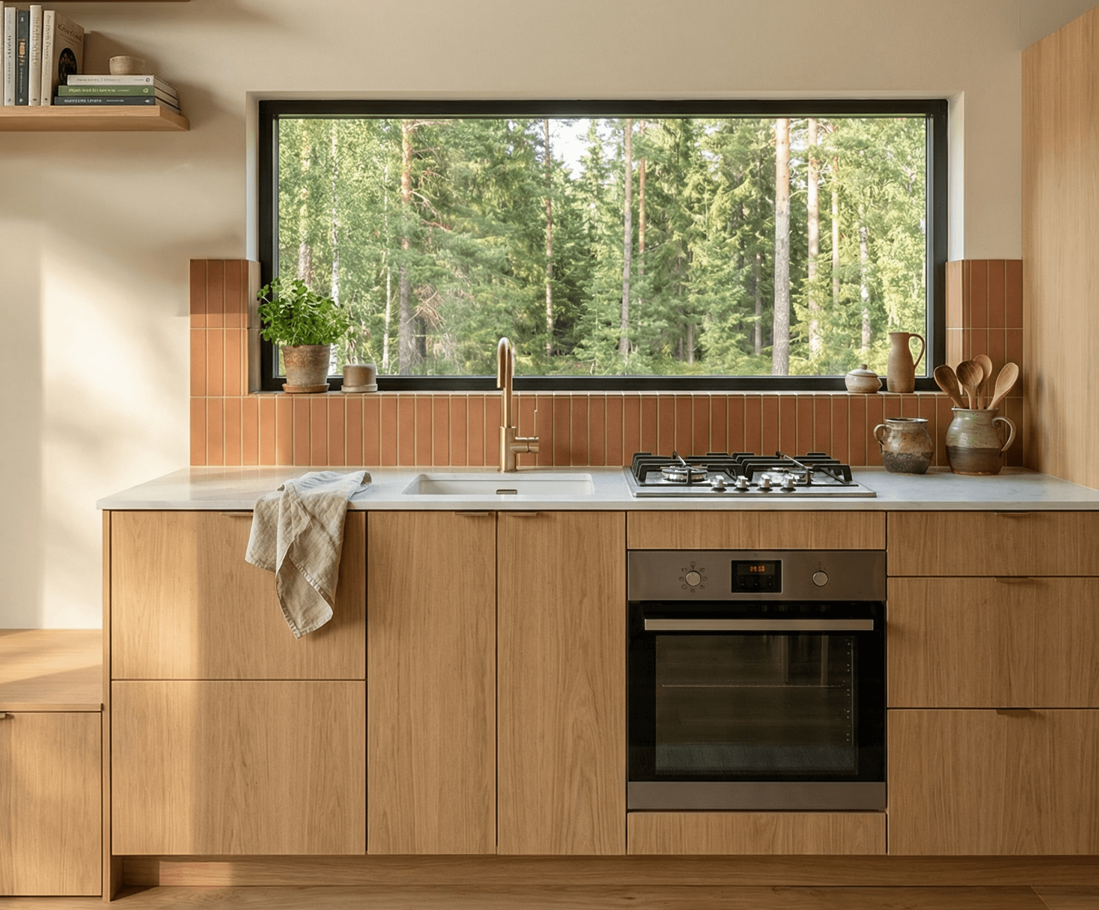 Modern cabin kitchen design with timber cabinetry, gas cooktop, and large picture window overlooking the forest, set within a warm open plan cabin interior.