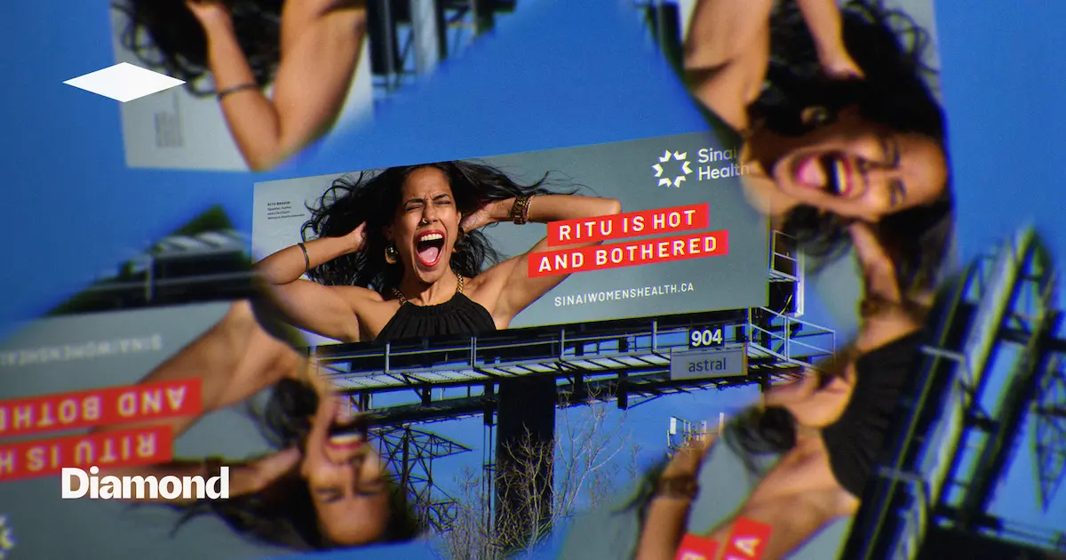Woman covering ears in a stylized collage with bold text and urban background