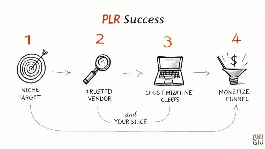 Diagram illustrating 4 steps for PLR success: Niche Target, Trusted Vendor, Customization, and Monetize Funnel.