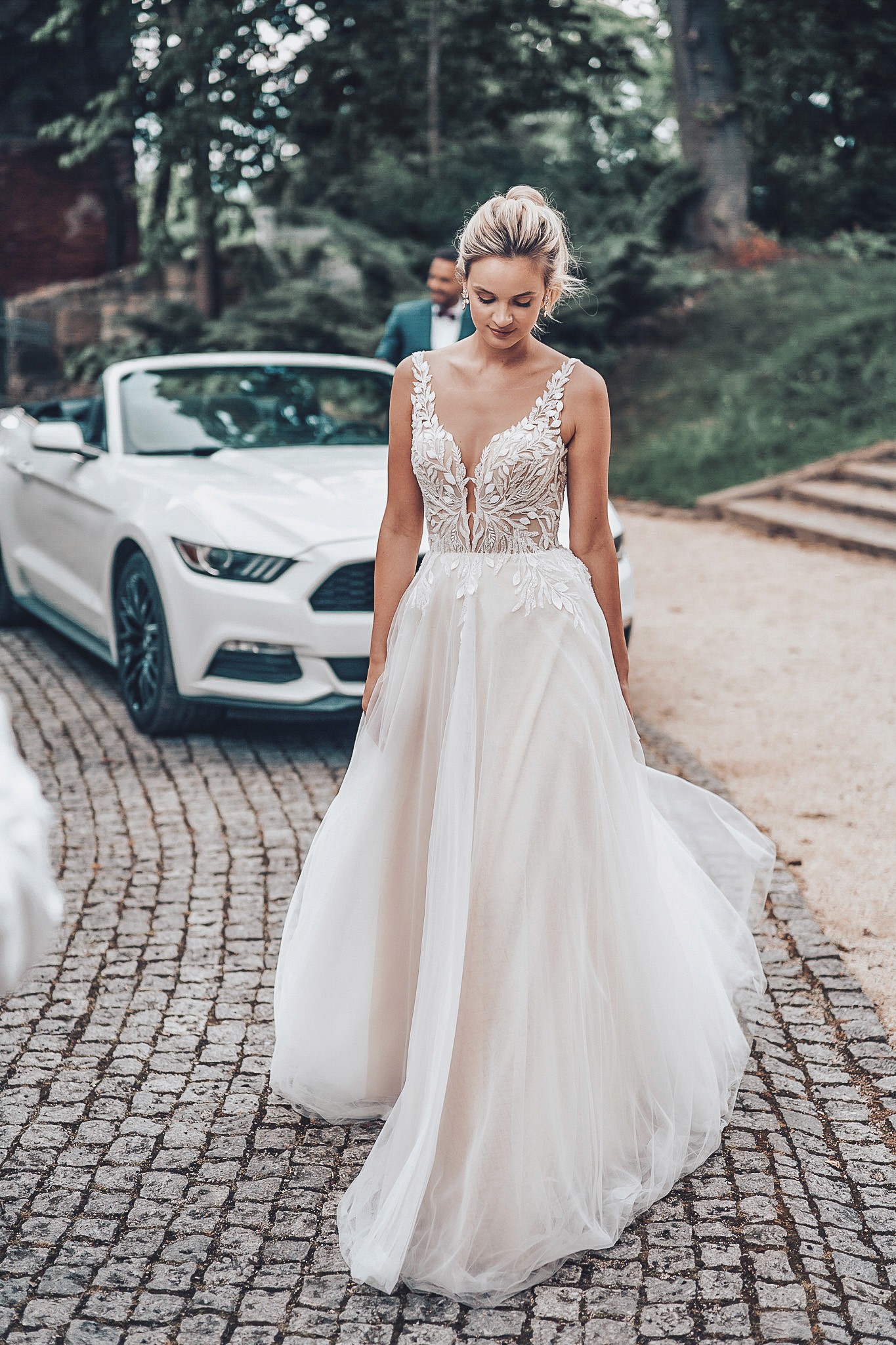 A-Linie Hochzeitskleid mit Trägern, Blätterspitze und weichem Tüllrock - Rhein-Main