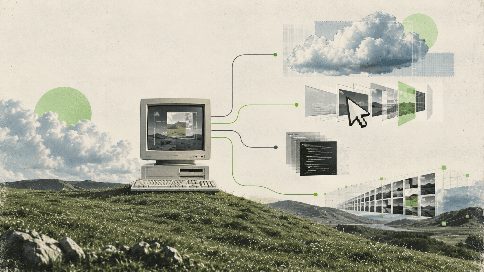 Conceptual illustration comparing four Codex and Photoshop workflows, including cloud tools, Computer Use, code automation, and batch processing.