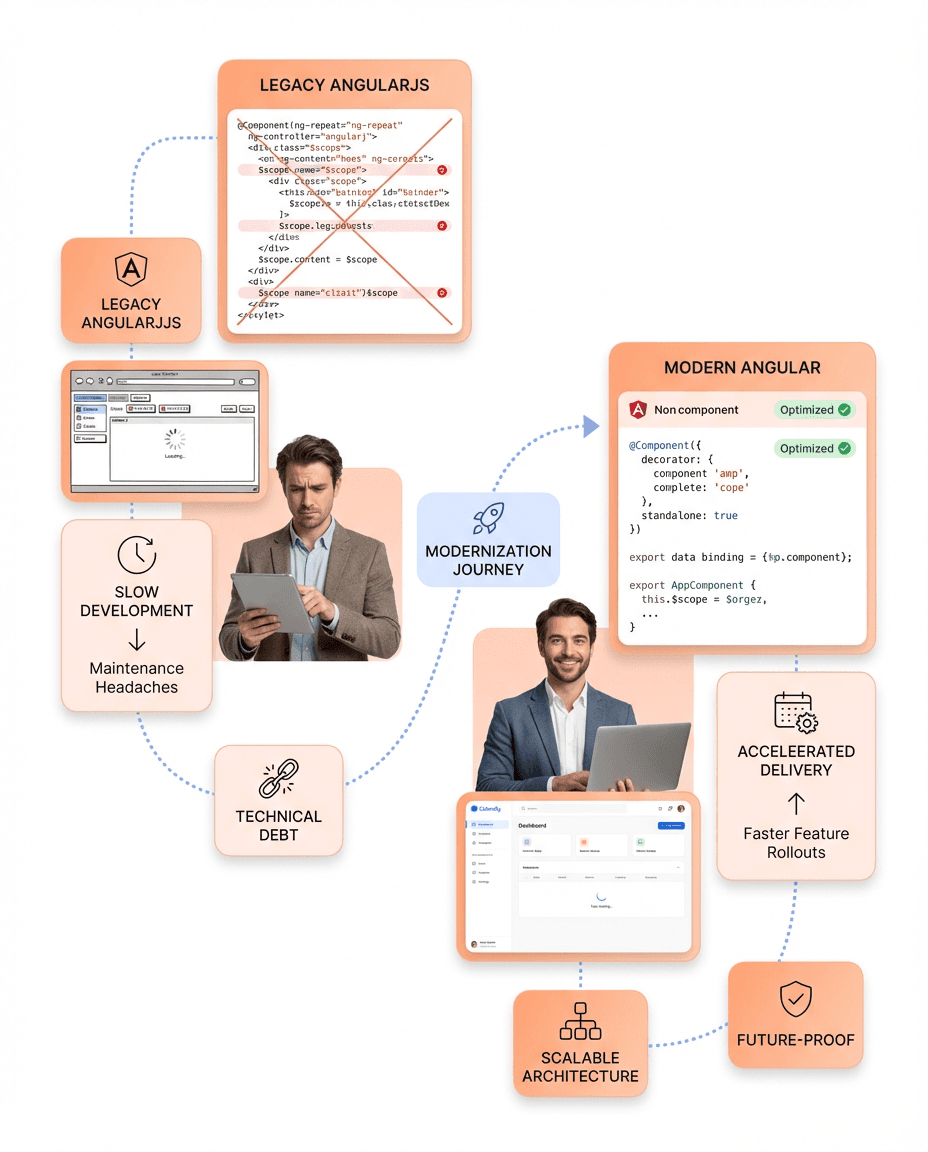 “Outdated AngularJS codebase transforming into a clean modern Angular component structure to eliminate technical debt and improve development speed.”