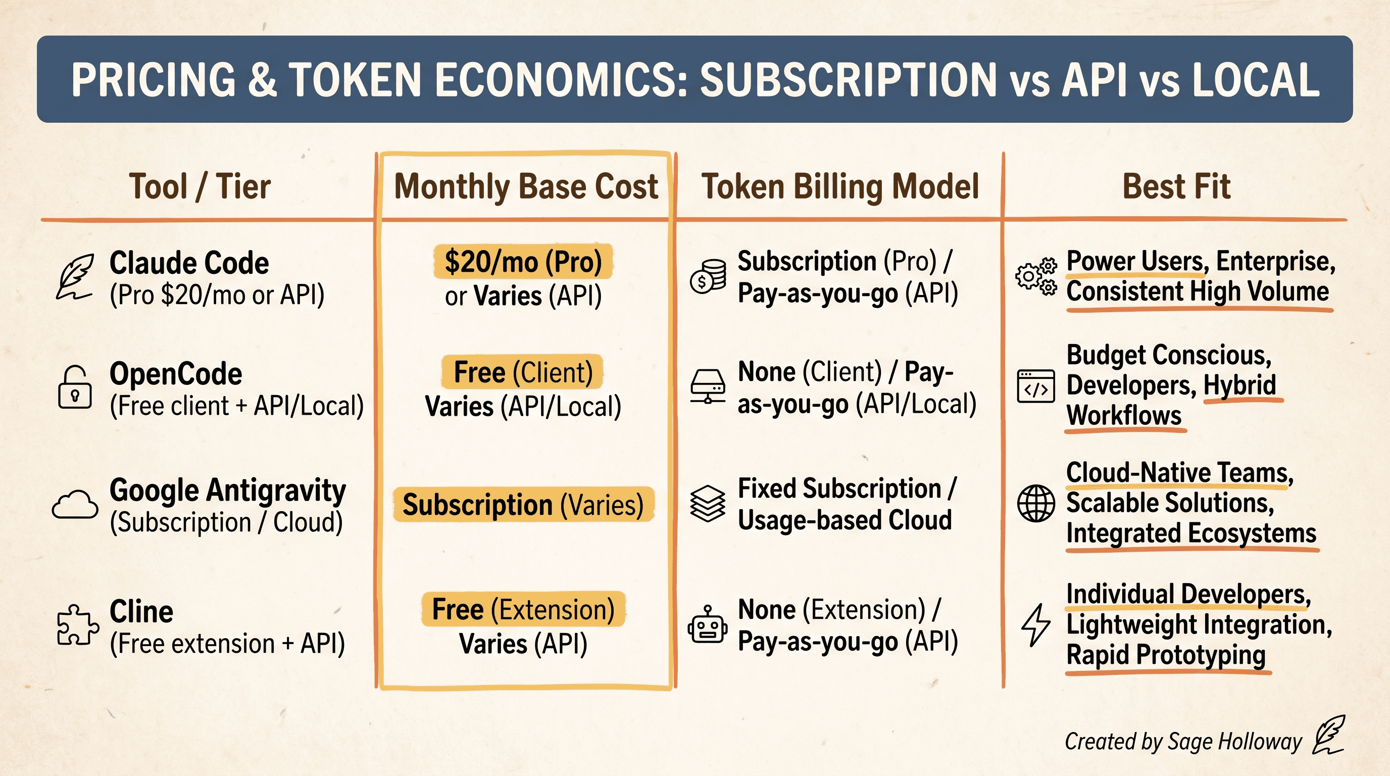 Pricing and token cost comparison table for terminal AI coding tools