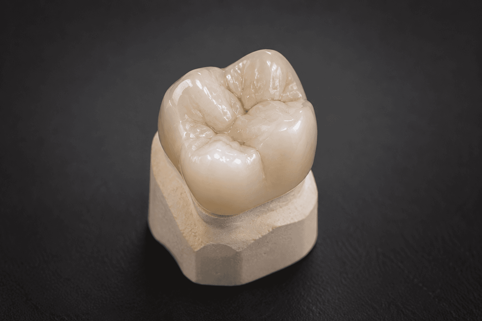 Corona molar de zirconia multicapa con anatomía oclusal natural. Visualización conceptual; referencia Smart Zir 3D.