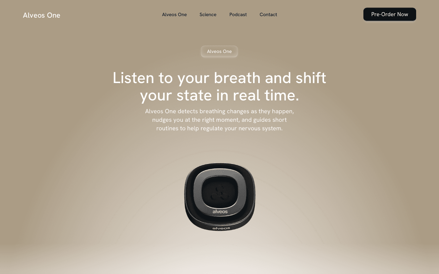 Alveos website (alveoslabs.com), showing the Alveos One breathing wearable
