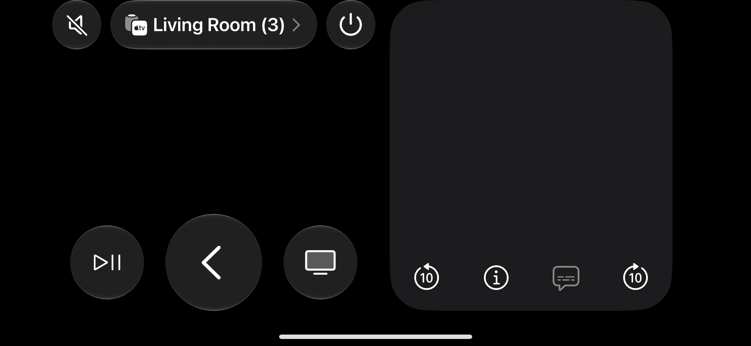 A dark-themed mobile screen interface displays home automation controls, including buttons for play, pause, and navigate back, with options to view a connected device in the "Living Room" labeled as three devices, alongside icons for power and other settings.