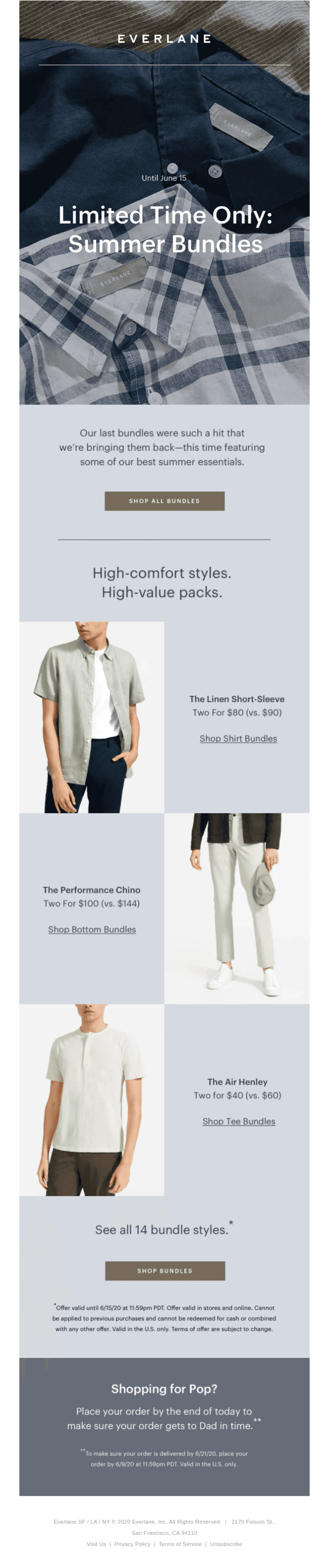 Create Irresistible Product Bundles – A summer-themed email campaign from Everlane promoting limited-time product bundles. The email highlights discounted pricing on clothing items such as linen shirts and chinos, encouraging customers to take advantage of bundle deals.