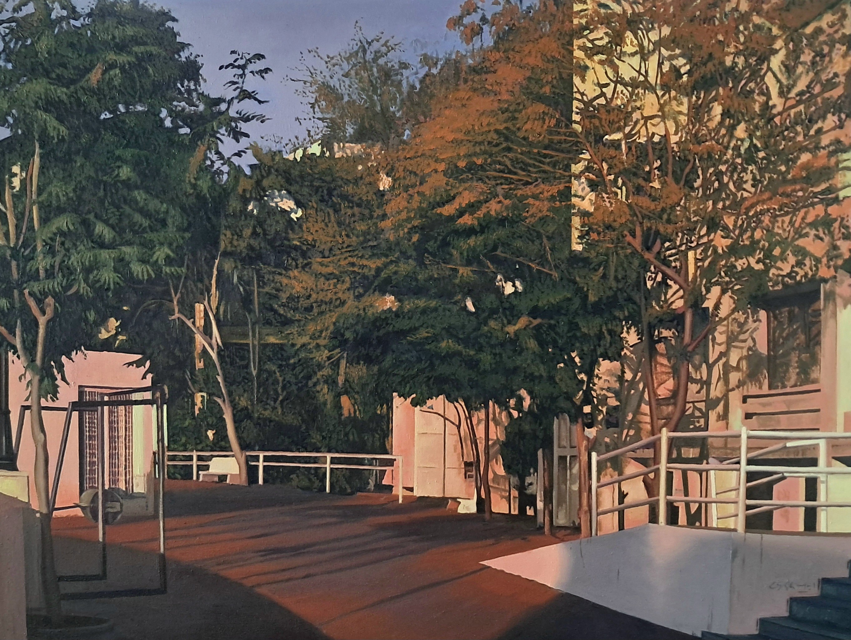 herd of sheep on road painting