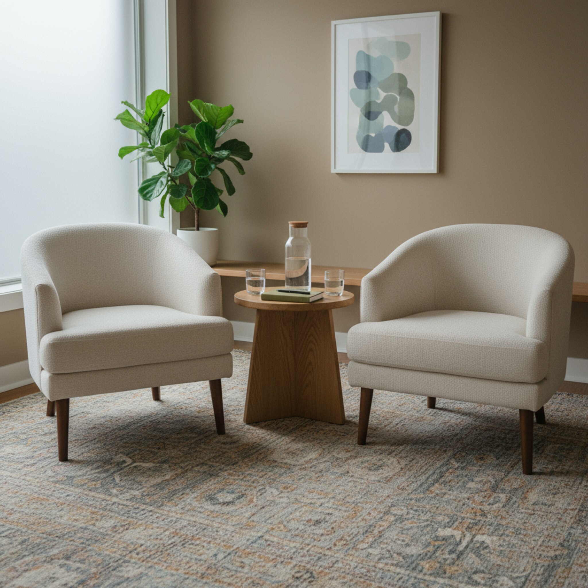 Ein ruhiger Beratungsraum mit zwei bequemen Sesseln gegenüber, dazwischen ein kleiner Tisch mit Wasserkaraffe und zwei Gläsern. Weiches Seitenlicht zeichnet klare Konturen. Ein geschlossenes Notizbuch liegt griffbereit. Die Szene vermittelt Vertraulichkeit und Fokus, als würde gleich ein Gespräch beginnen.