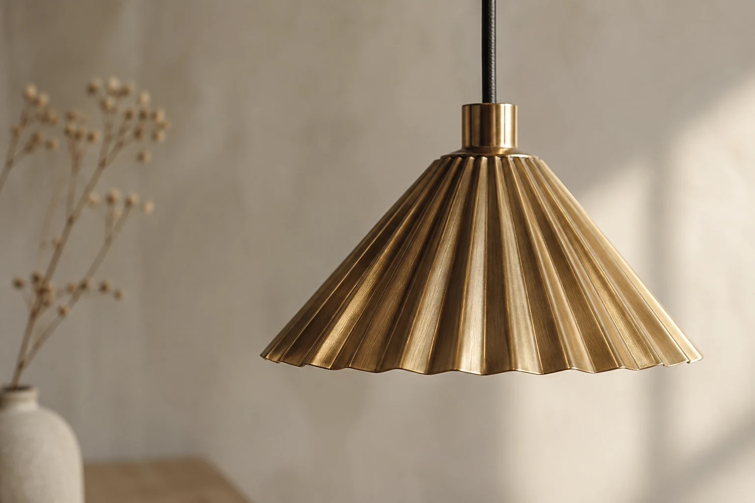 Close-up of an original fluted brass pendant shade, warm reflections and blurred pale background