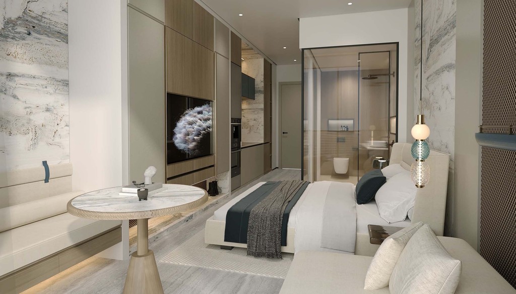Elegant bedroom featuring a big window that opens to an ocean view, by Trio Isle by Durar
