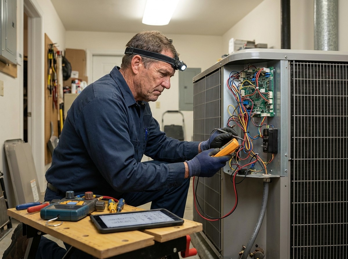 HVAC technicians inspecting rooftop cooling equipment