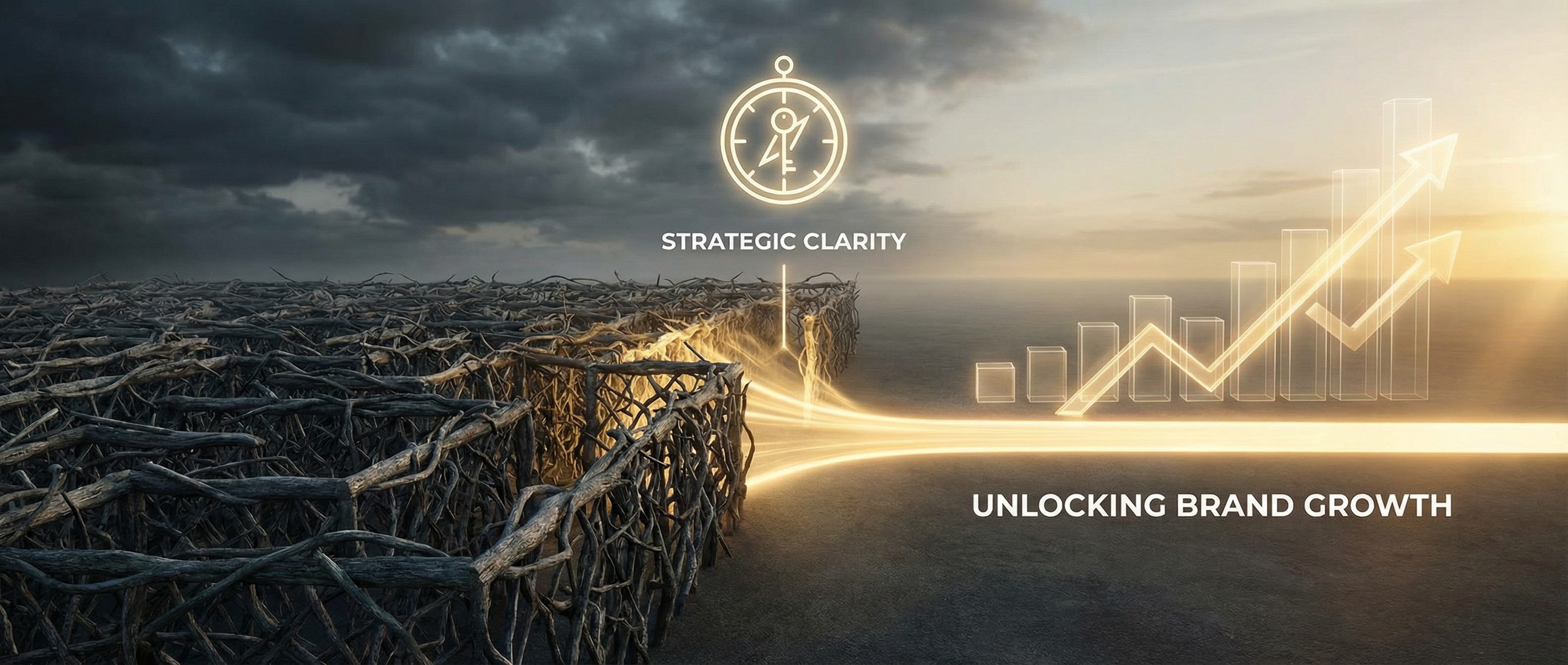 Dark maze of tangled branches opening into golden light, symbolizing strategic clarity driving brand growth with an upward graph.