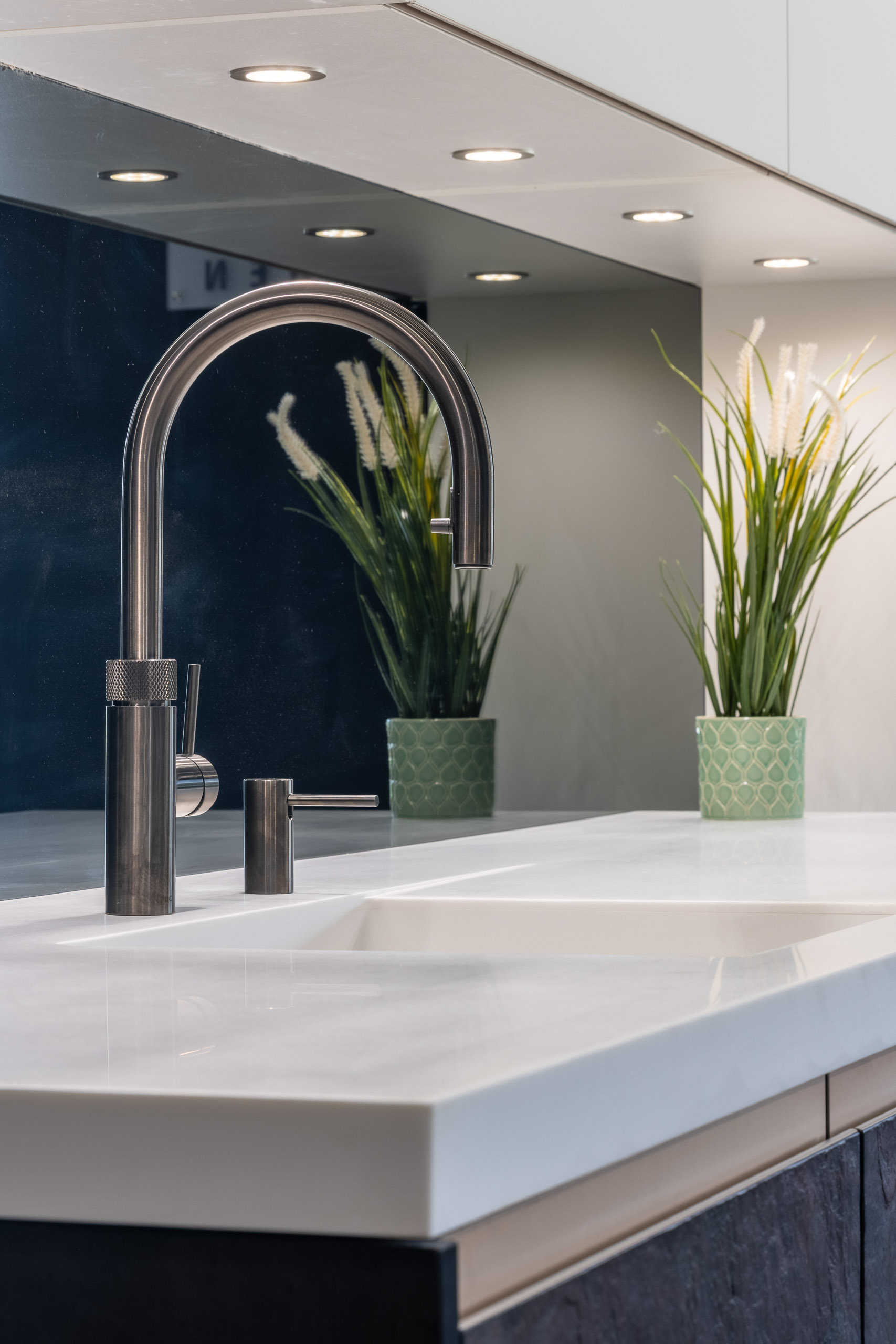 tap in blue shaker kitchen in chinley derbyshire