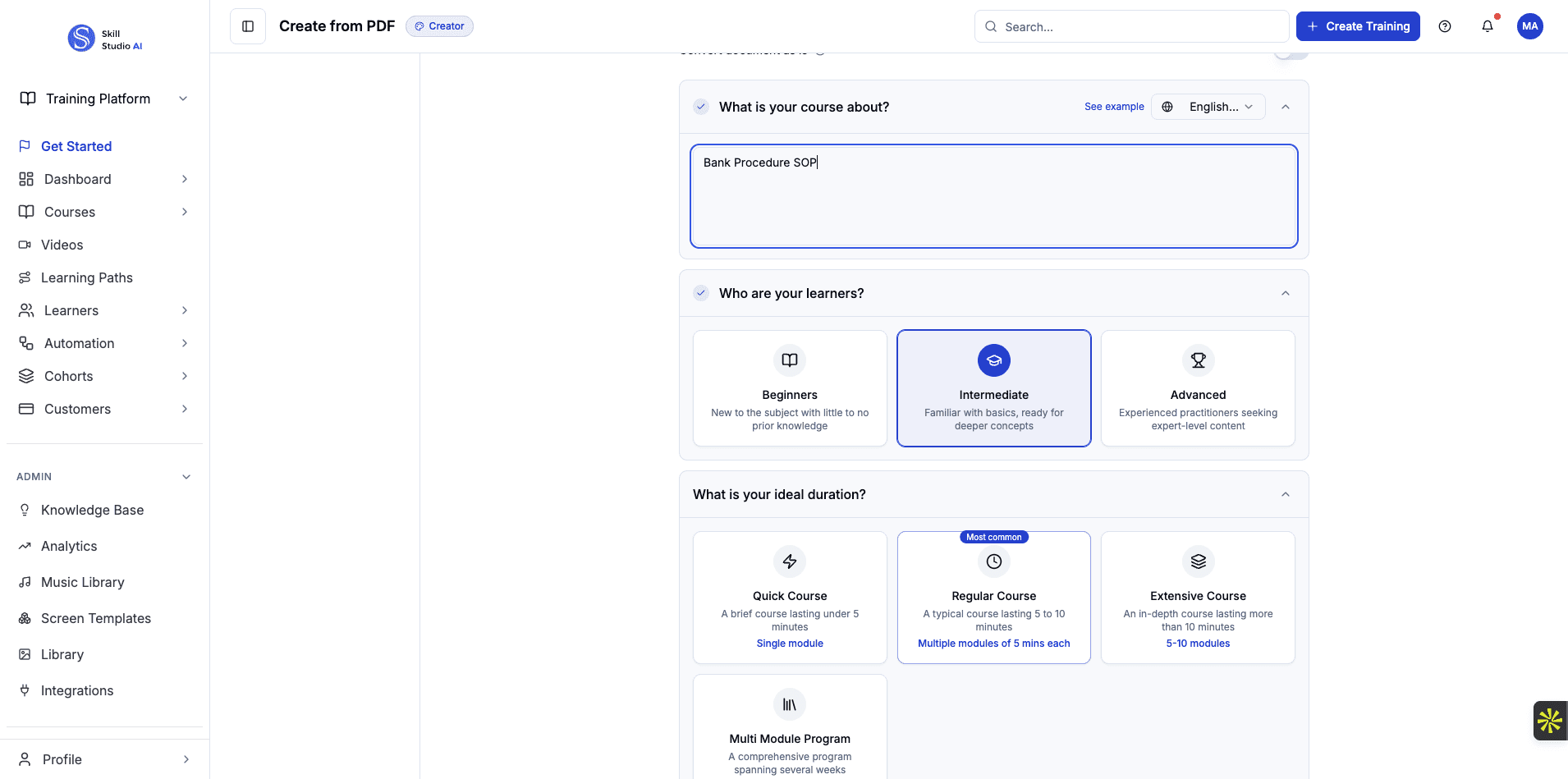 Choose Regular Course as the course type to create a standard multi-module learning experience.