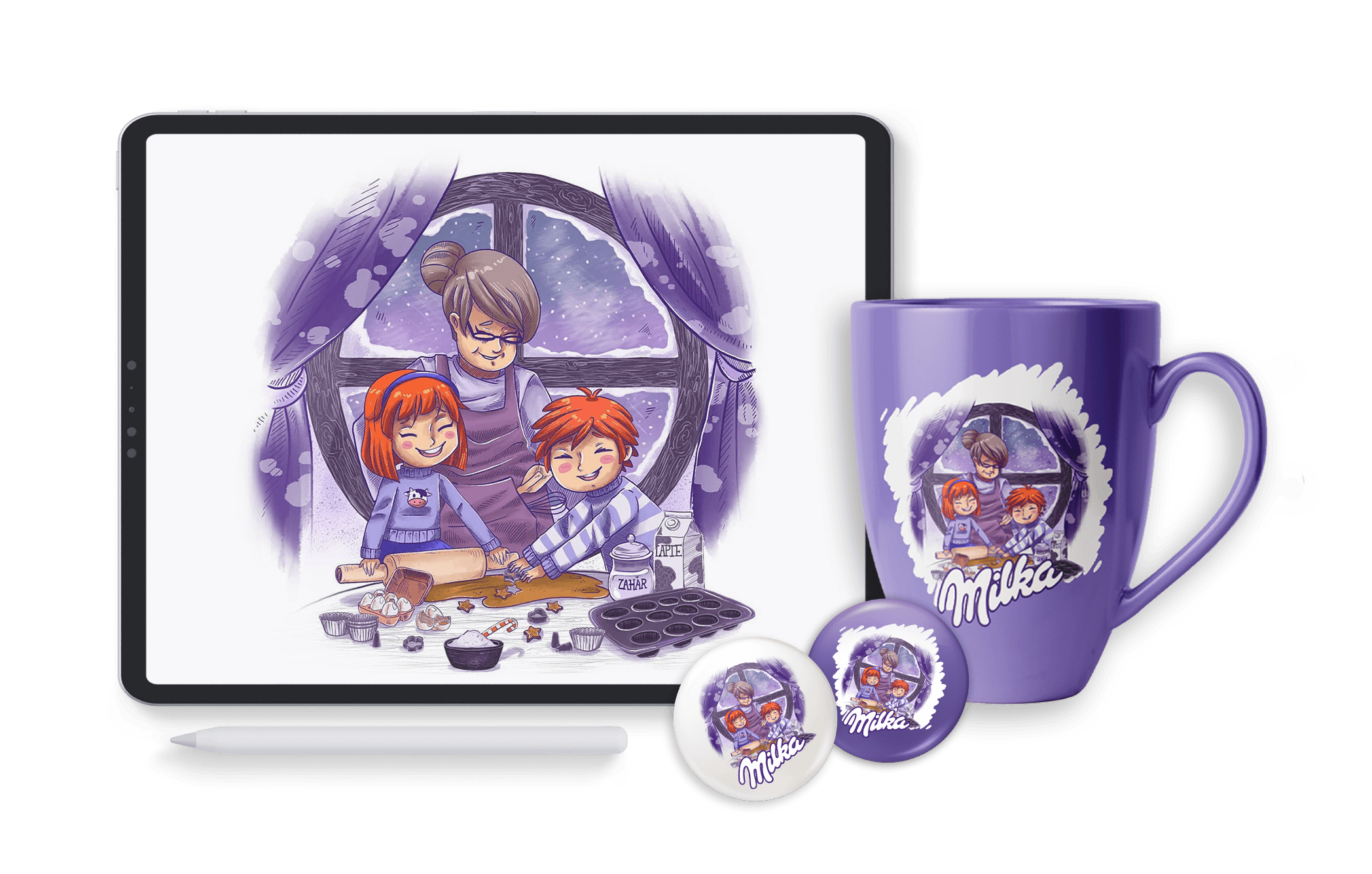 Ilustrație digitală pentru Milka, aplicată pe tabletă, cană și insigne.