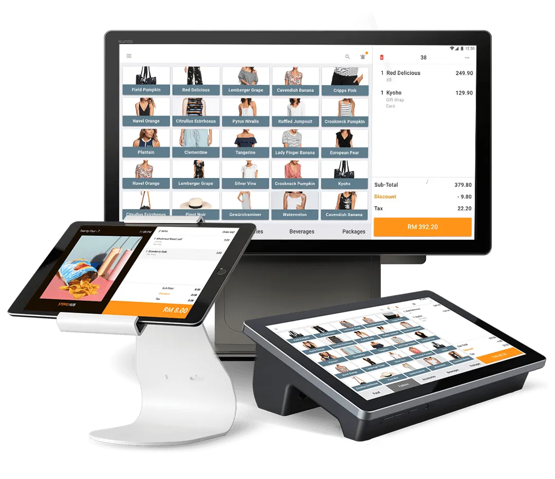 StoreHub cloud POS system for retail and F&B featuring touchscreen terminals and customer-facing display.