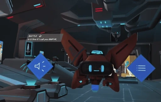 Floating AI-driven robot talking to game player 
