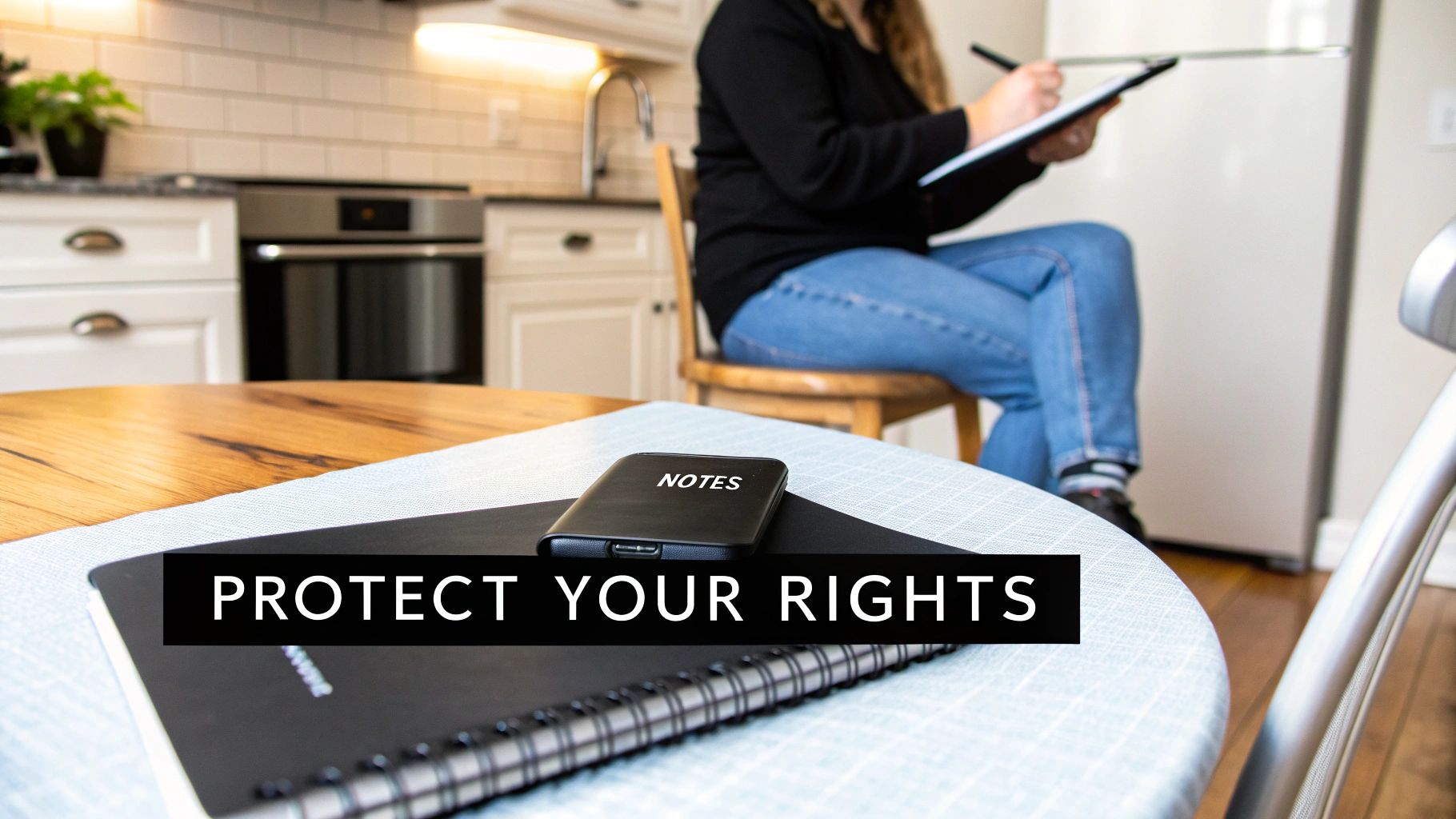 A person writing notes at a table with a notebook and phone case, overlaid with 'PROTECT YOUR RIGHTS'.