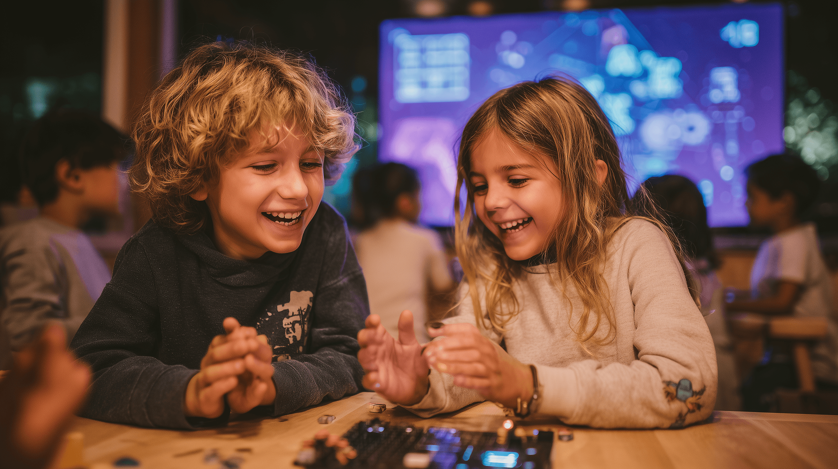 Two elementary students smiling as they experiment with a hands-on electronics board
