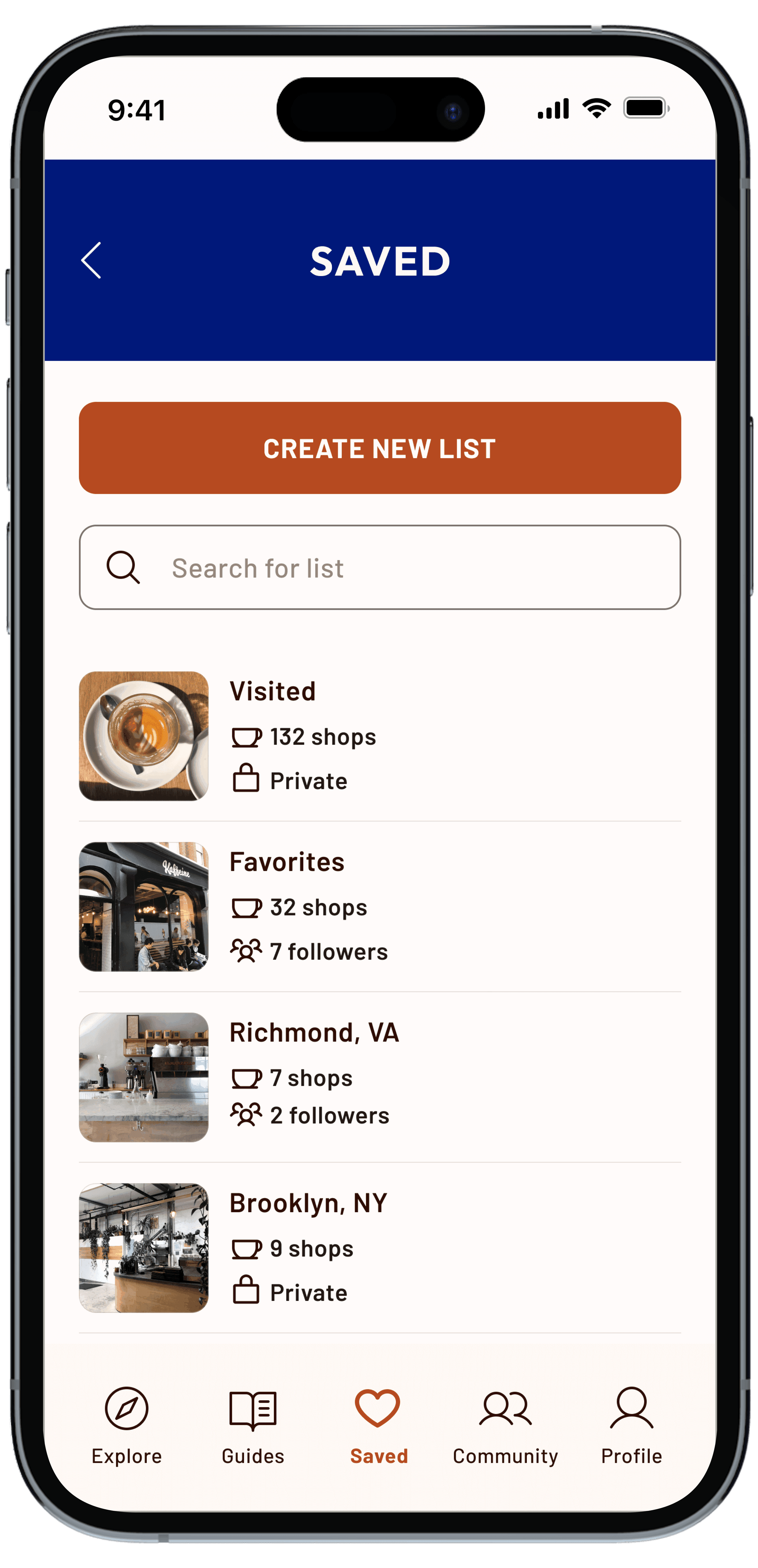 iPhone mockup featuring Dabbio's saved lists screen