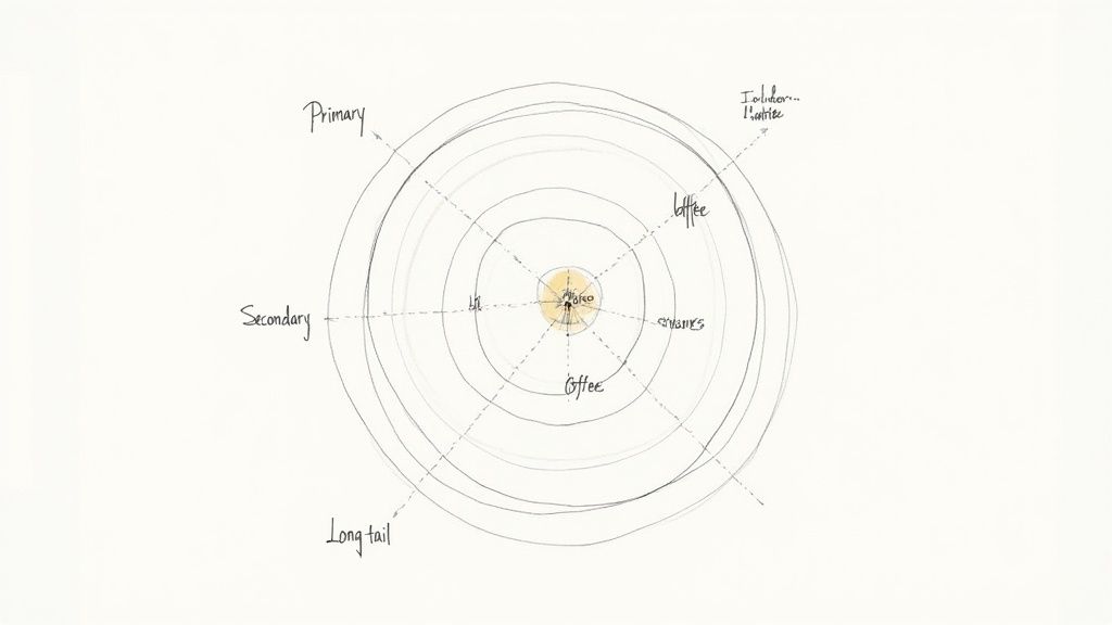 Hand-drawn SEO strategy diagram with concentric circles showing primary, secondary, long tail, coffee, synergy, and niche.