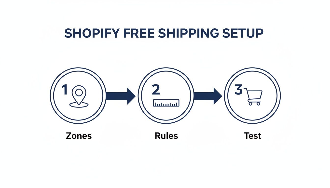 A diagram illustrating a three-step process for Shopify free shipping setup: Zones, Rules, and Test.