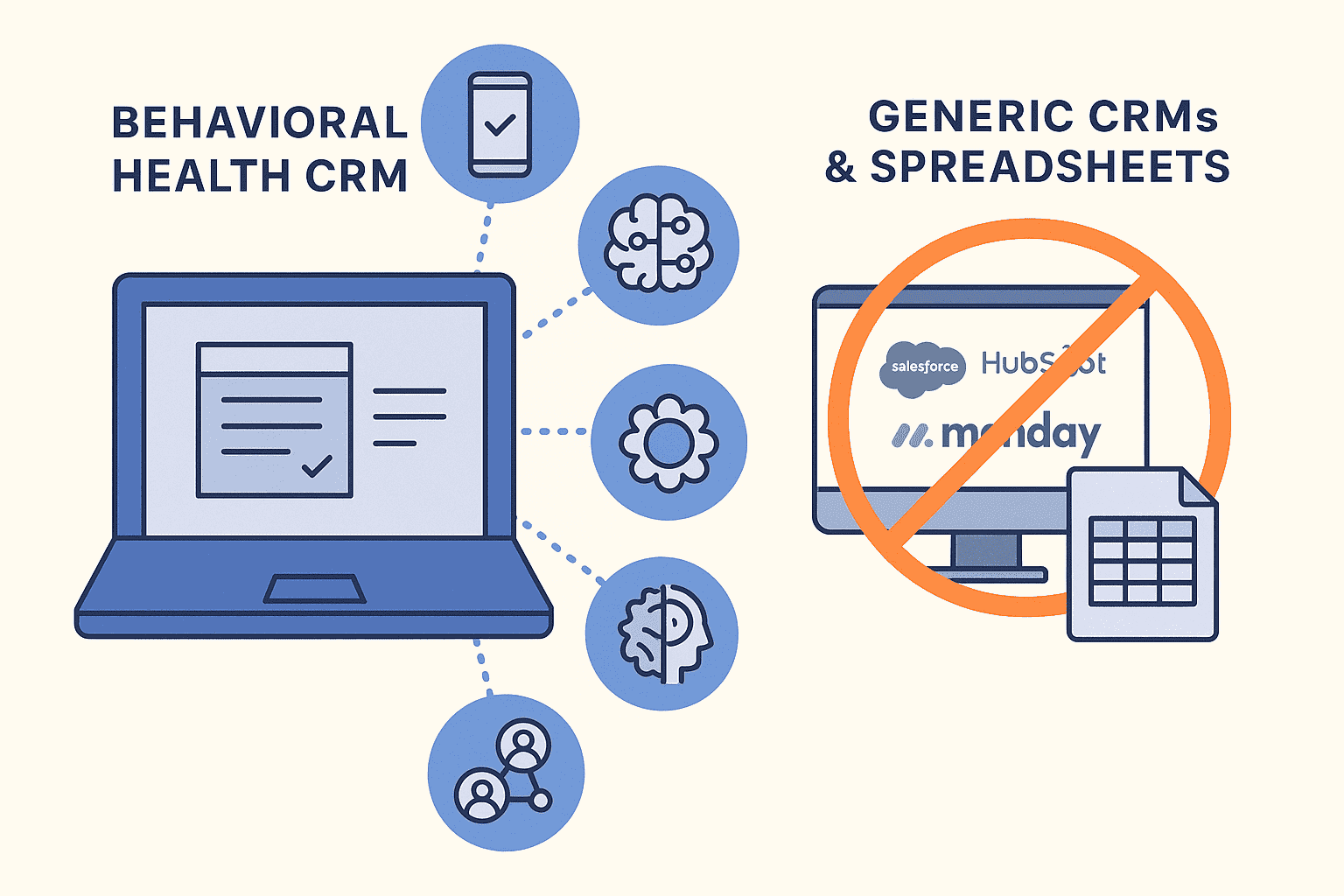 Infographic comparing behavioral health CRM features to generic CRMs like Salesforce and spreadsheets, highlighting mobile access, AI tools, and HIPAA compliance.