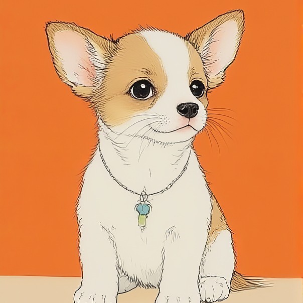 Elegant AI-generated cartoon illustration of a Chihuahua puppy set against a vibrant orange background. The digital artwork portrays a cream and tan puppy with prominent ears, soulful eyes, and a delicate turquoise pendant on a silver chain. This sophisticated rendering exemplifies how AI pet cartoon filters can create professional-quality pet portraits with refined artistic details while preserving the distinctive characteristics of the animal subject. 