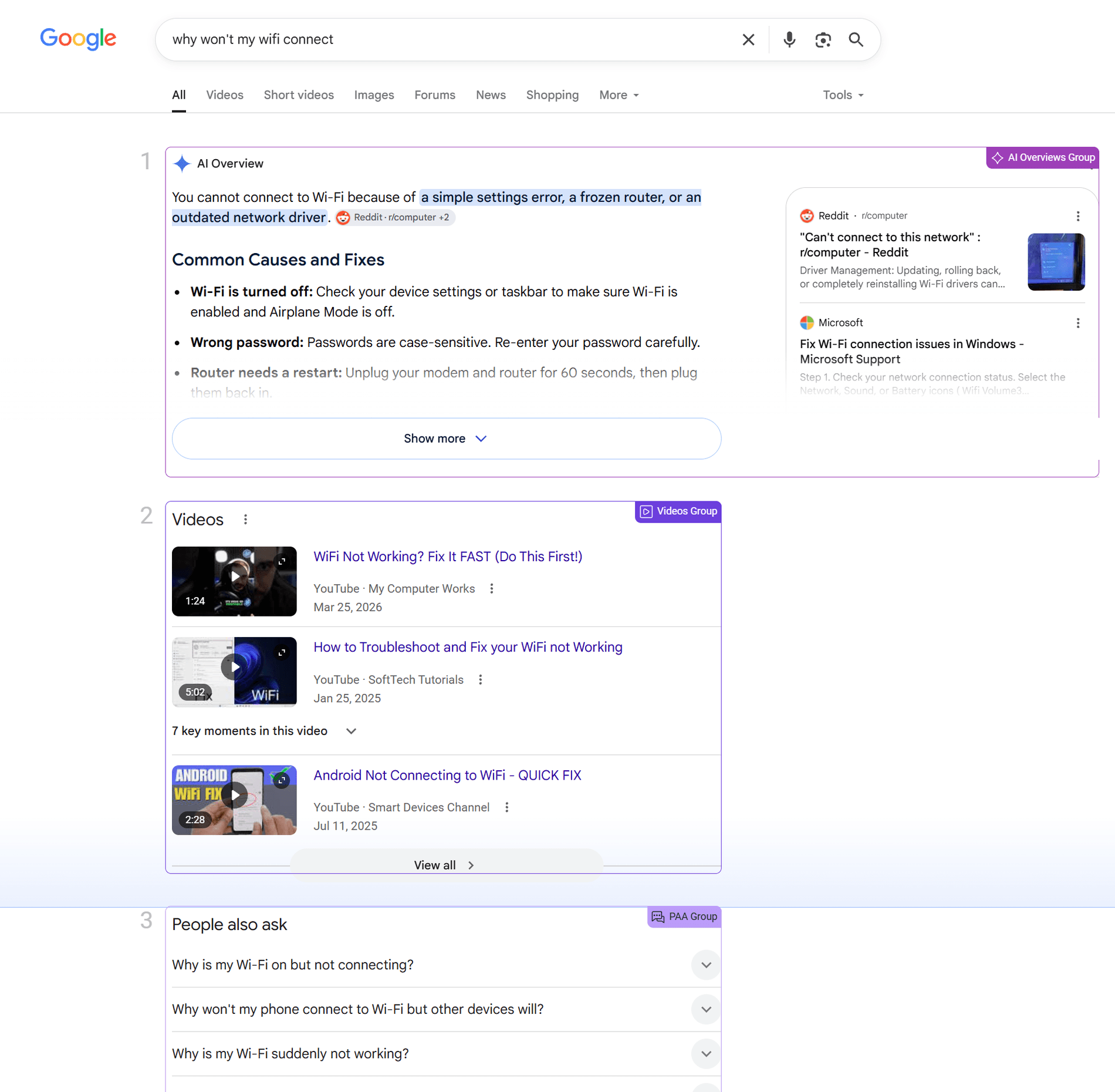 AWR SERP snapshot showing the collected Google results page with numbered positions and labeled AI Overview, Videos and People Also Ask groups