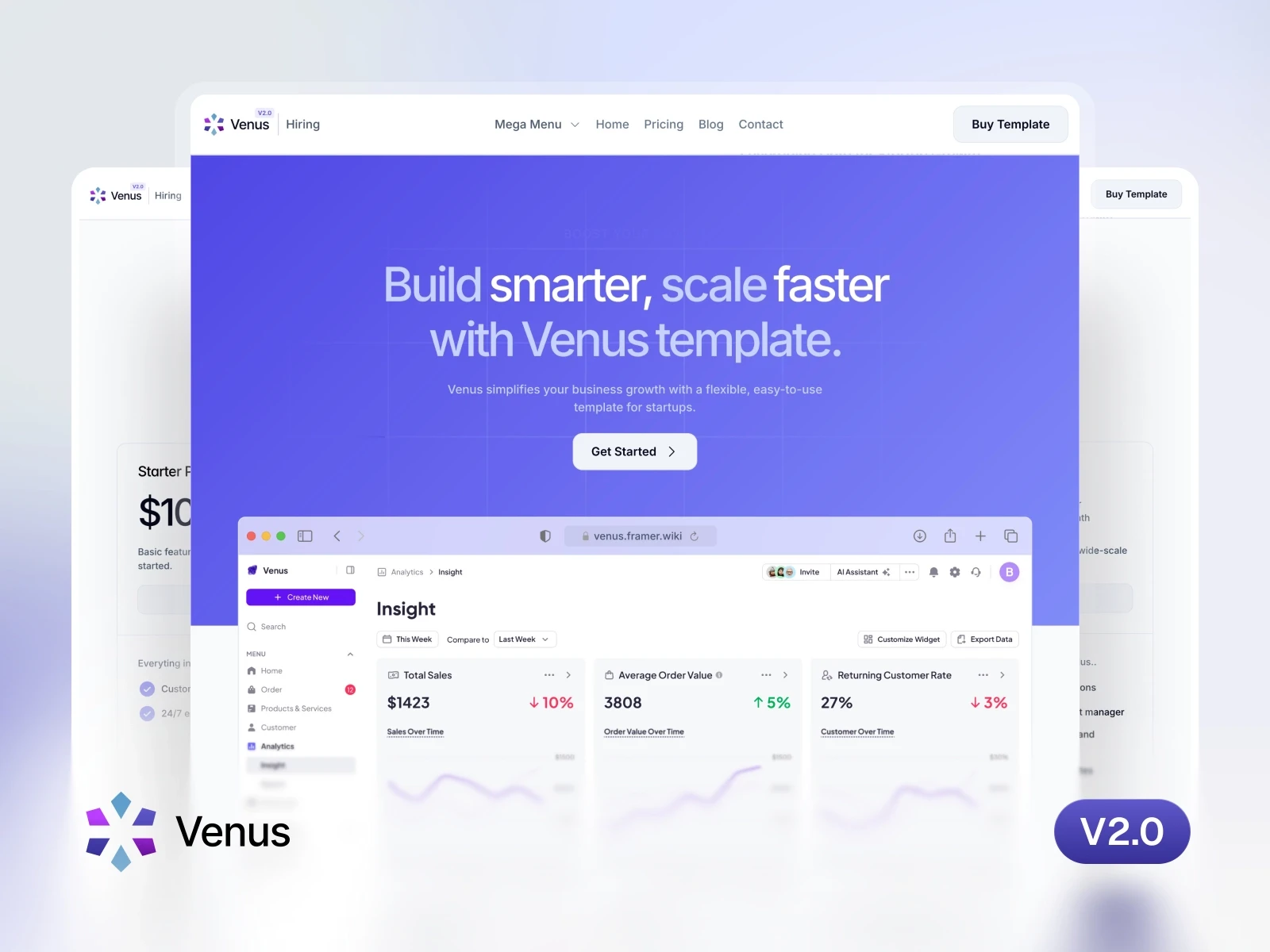 Venus creative marketing template with hero section, analytics dashboard, pricing cards, and purple-themed UI design.