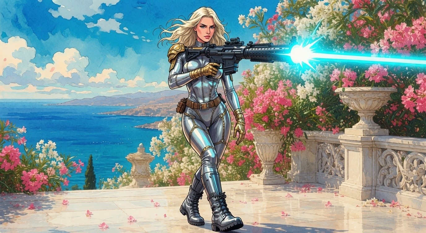 chrome armor, rifle on the terrace