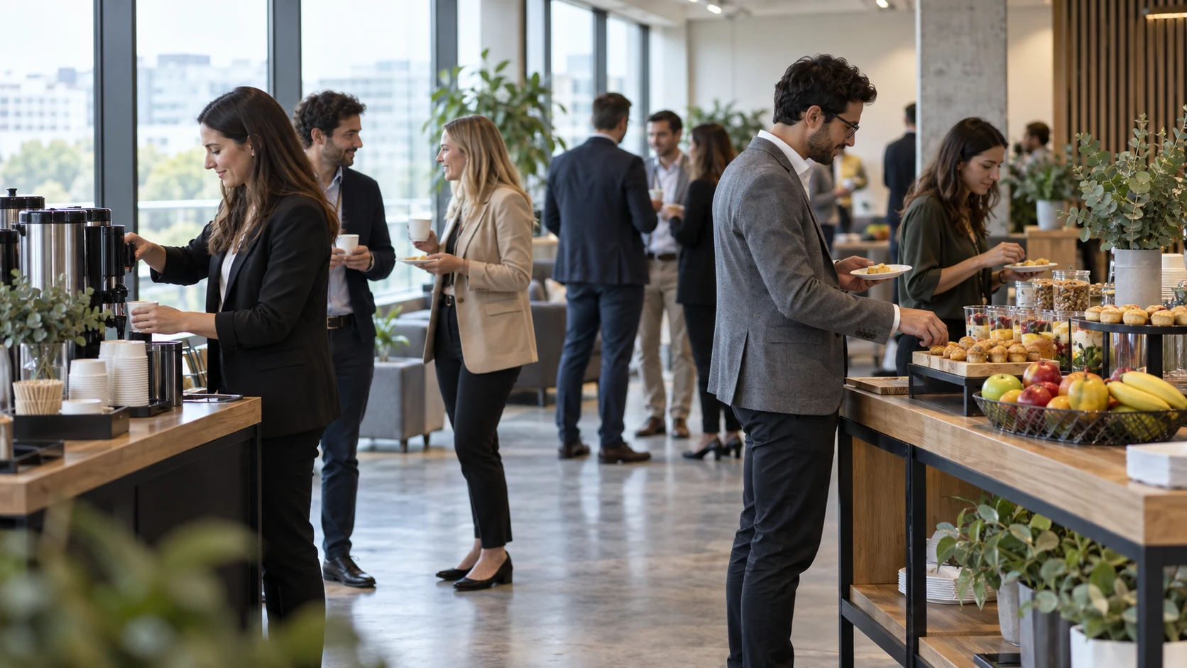 Convidados se servem em estação de coffee break durante pausa de integração de equipes.