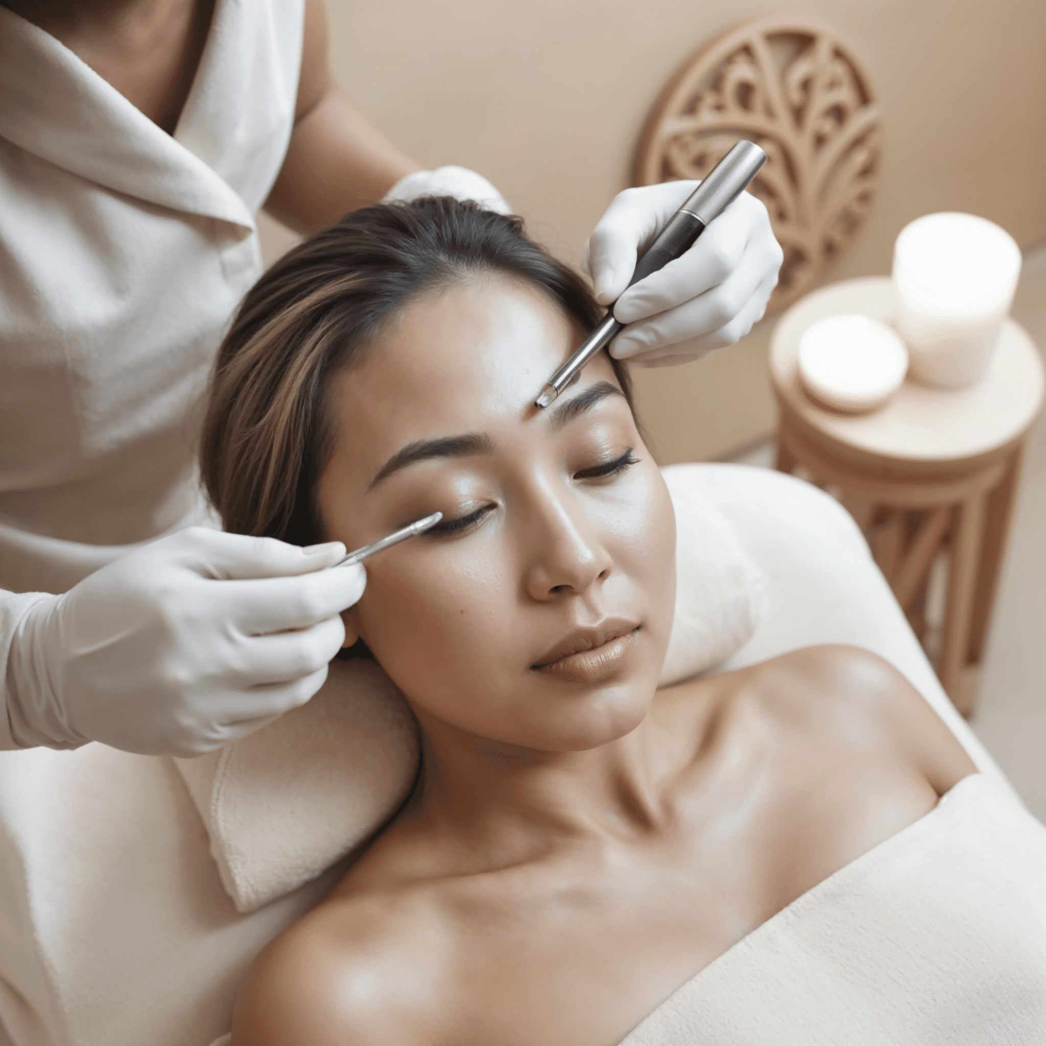 Portrait of a woman with long red hair and closed eyes, gently touching her face with both hands