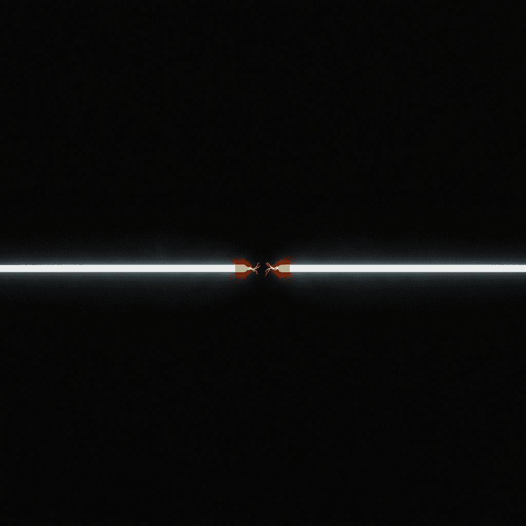 A single thin line of cool light broken at center where it glows orange against black