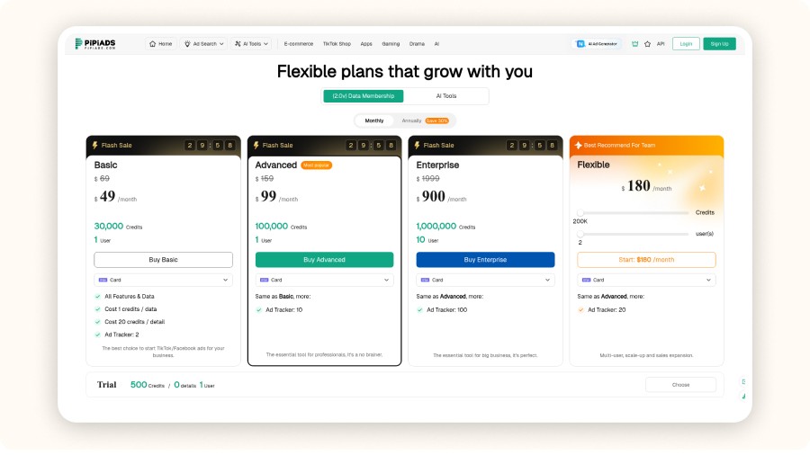 PipiAds pricing page on 9 August 2026: four plans — Basic $49, Advanced $99, Enterprise $900 and Flexible — each under a Flash Sale countdown with struck-through list prices