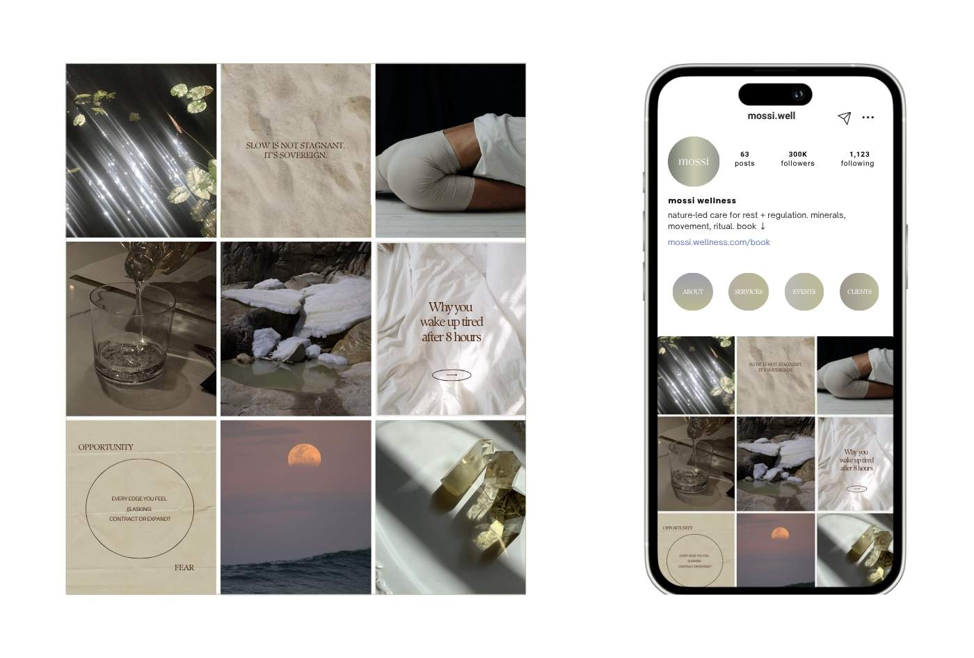 Earth-toned wellness grid combining serene bodycare rituals, natural textures, and slow-living photography, displayed with a cohesive Instagram feed mockup for a wellness lifestyle brand.