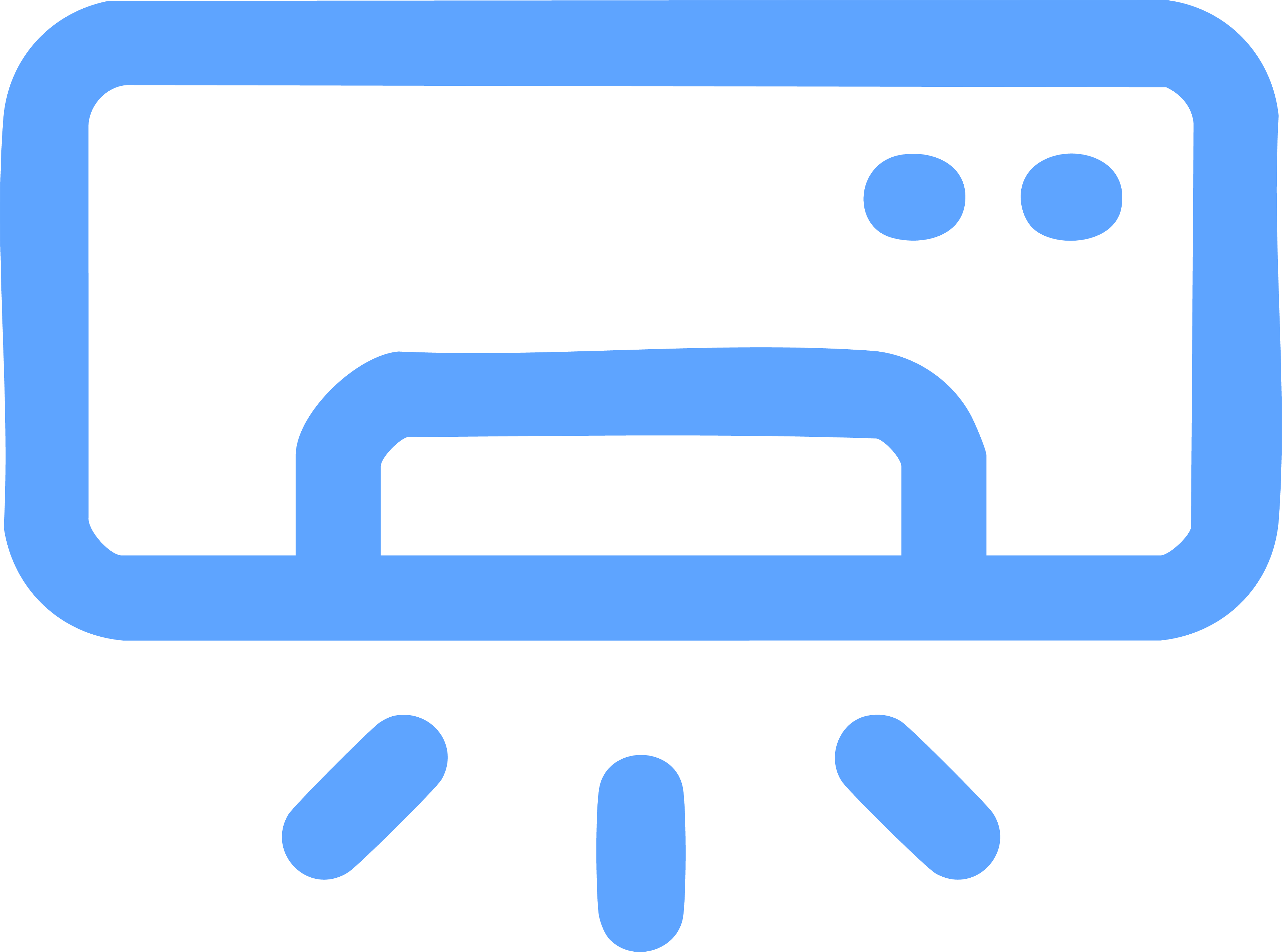 Blue line icon of a wall-mounted air conditioning unit with airflow lines.