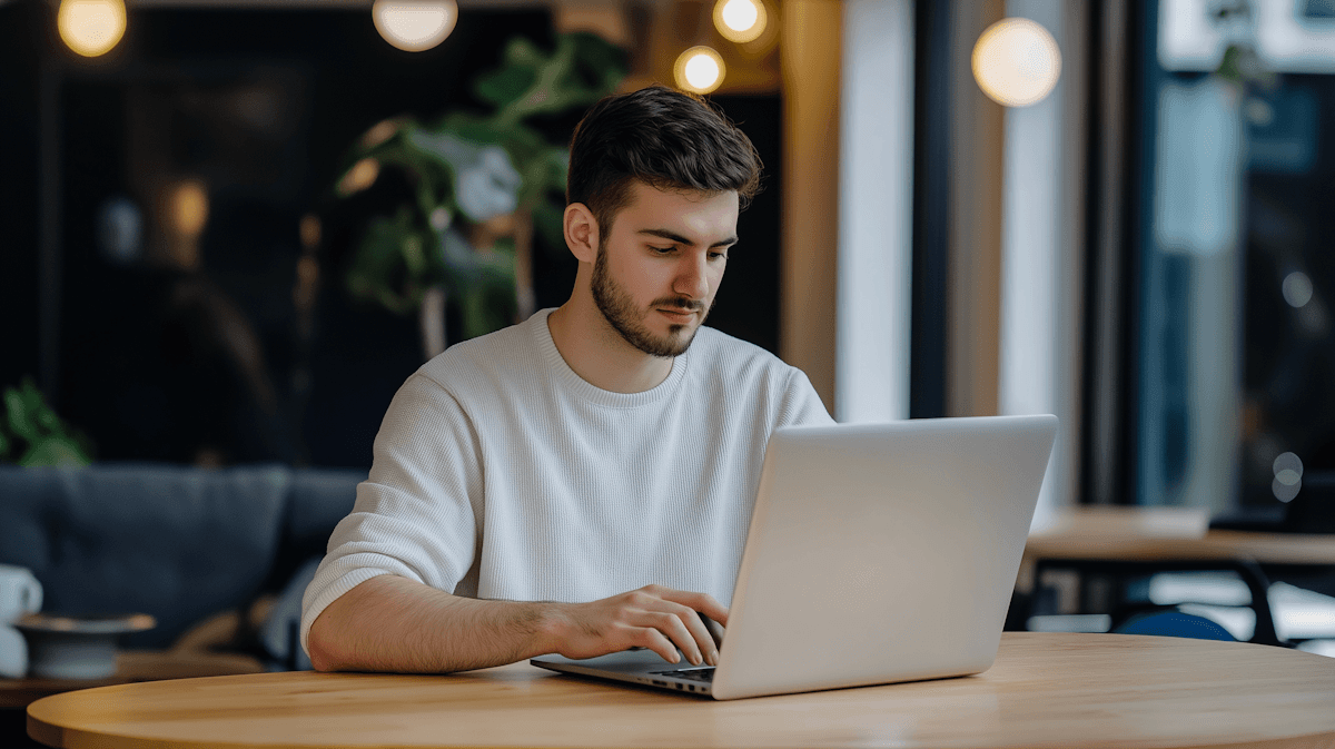A person sits at a counter in a modern space.